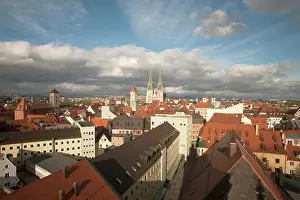 Half: Roof top view of Old Town Regensburg, Germany