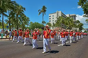 Celebrations: Royal Hawaiian Band playing instruments, parade
