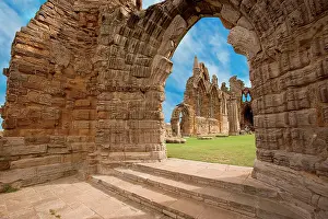 Stair: The Ruins of Whitby Abbey above the town and harbor