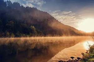 Course: Saar loop in the fog at sunrise, Germany, Europe