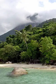 Tioman: Sand beach and rainforest on slopes of volcanic
