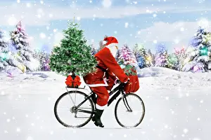 Bike: Santa Claus riding a bicycle through the snow with