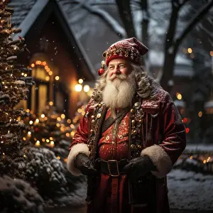 Generated: Santa Claus with winter festive clothes and gifts