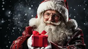 Generated: Santa clause holding a red wrapped gift box outside