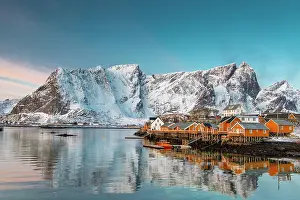 Hamnoy: Scandinavian landscape with boathouses at the fjord