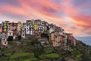 Lightning: Scenic view of Coniglia village at sunset. Coniglia