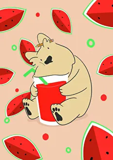 Juice: Scottie Dog with glass of red juice and watermelons