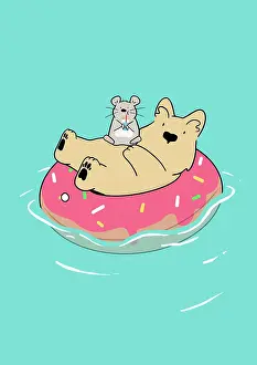 Scottie Friends: Scottie Dog and Mouse floating in inflatable doughnut