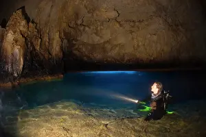 Amalfi: scuba diver inside the aerial cave of the Grotta dello Zaffi