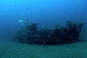 Wrecks: Scuba diver with Japanese wreck of II World War Lombok islan