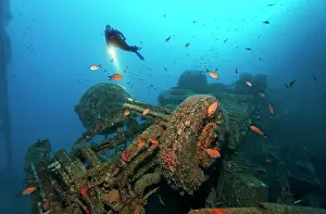Truck: Scuba diver with a lamp looking at the chassis of