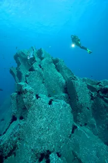 Silhuettes: Scuba diver rocky bottom breams - Madeira Island Portugal At