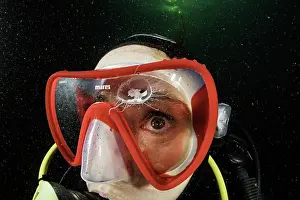 Mask: Scuba diver is watching a Craspedacusta sowerbii