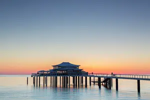 Pier: Seabridge with restaurant at sunrise - Timmendorfer