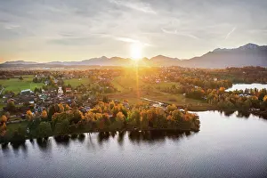 Foothills: Seehausen am Staffelsee, sunrise in autumn, drone