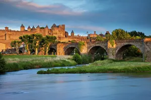 Fortified: Setting sunlight over town of Carcassonne