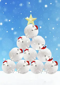 Stacked: Sheep snowballs wearing Christmas hats stacked