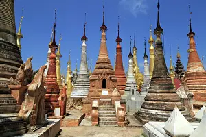 Decorated: Shwe Inn Thein Stupas on Inle Lake in Myanmar