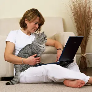 Laptop: Silver Tabby Cat - with girl & laptop computer