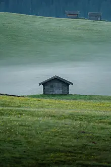 Pilgrim: Single hut on foggy meadow, Alpe di Siusi, South