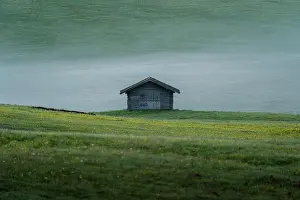 Siusi: Single hut on foggy meadow, Alpe di Siusi, South