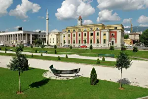 Facades: Skanderbeg Square in Tirana, Albania, Europe