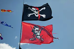 Flags: Skull and crossbones flags flying against blue sky