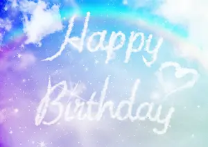 Text: Sky writing, Happy Birthday, written in the clouds