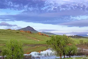 Foothills: Small ranch pond reflects morning clouds