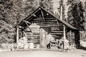 Home: Small, rustic log home in sepia