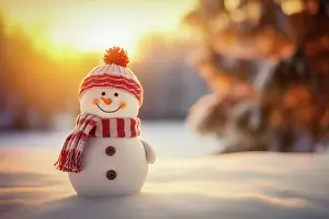 Generated: Smiling cute snowman with a red scarf and hat in