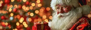 Generated: Smiling Father Christmas holding a present, blurred