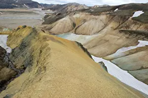 Landmannalaugar: Snow on colored mountains, Iceland