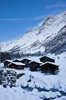 Jungfrau: snowed in alp alm buildings in Loetschental
