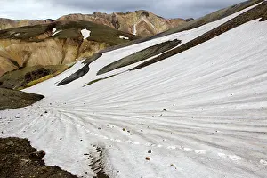 Landmannalaugar: Snowfield on mountains, Iceland, Landmannalaugar