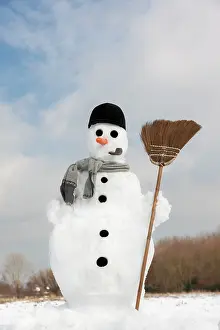 Broom: Snowman - with broom in snow landscape