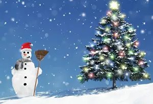 Snowman: Snowman and Christmas Tree with lights