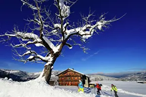 Tour: Snowshoe hikers, old farm, log cabin, Gruberberg