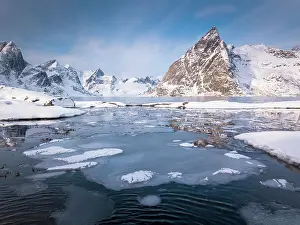 Townsmall: Snowy landscape by the fjord, Hamnoy, Nordland
