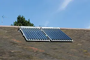 Evacuated: Solar thermal panels with evacuated tubes on roof