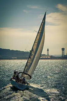 Sailing: Spain, Barcelona. Sailboat catching the