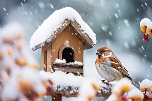 Generated: Sparrow bird next to snow covered bird feeding house