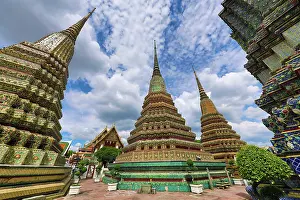 Spire: Spires of tiled Chedis at Wat Pho temple, Bangkok, Thailand