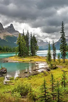 Spirit: Spirit Island, shores of Maligne Lake, mountains