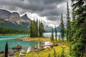 Spirit: Spirit Island, shores of Maligne Lake, mountains