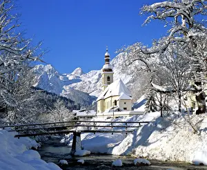 Towns: St. Sebastian's Church and Ramsauer Ache River in