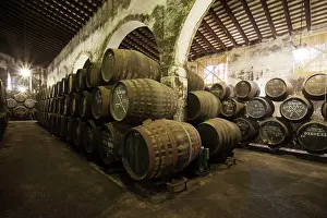 Stacked: Stacked oak barrels in one of the cellars at the