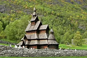Churchyard: Stave church of Borgund - with cemetery in early autumn