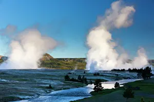 Midway: Steam - rising from Excelsior Geyser and Grand Prismatic