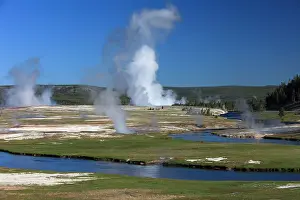 Midway: Steam - rising from Excelsior Geyser and Grand Prismatic